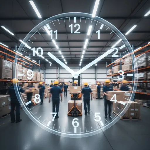 Freepik clock overlay on a warehouse floor with workers mo 67705