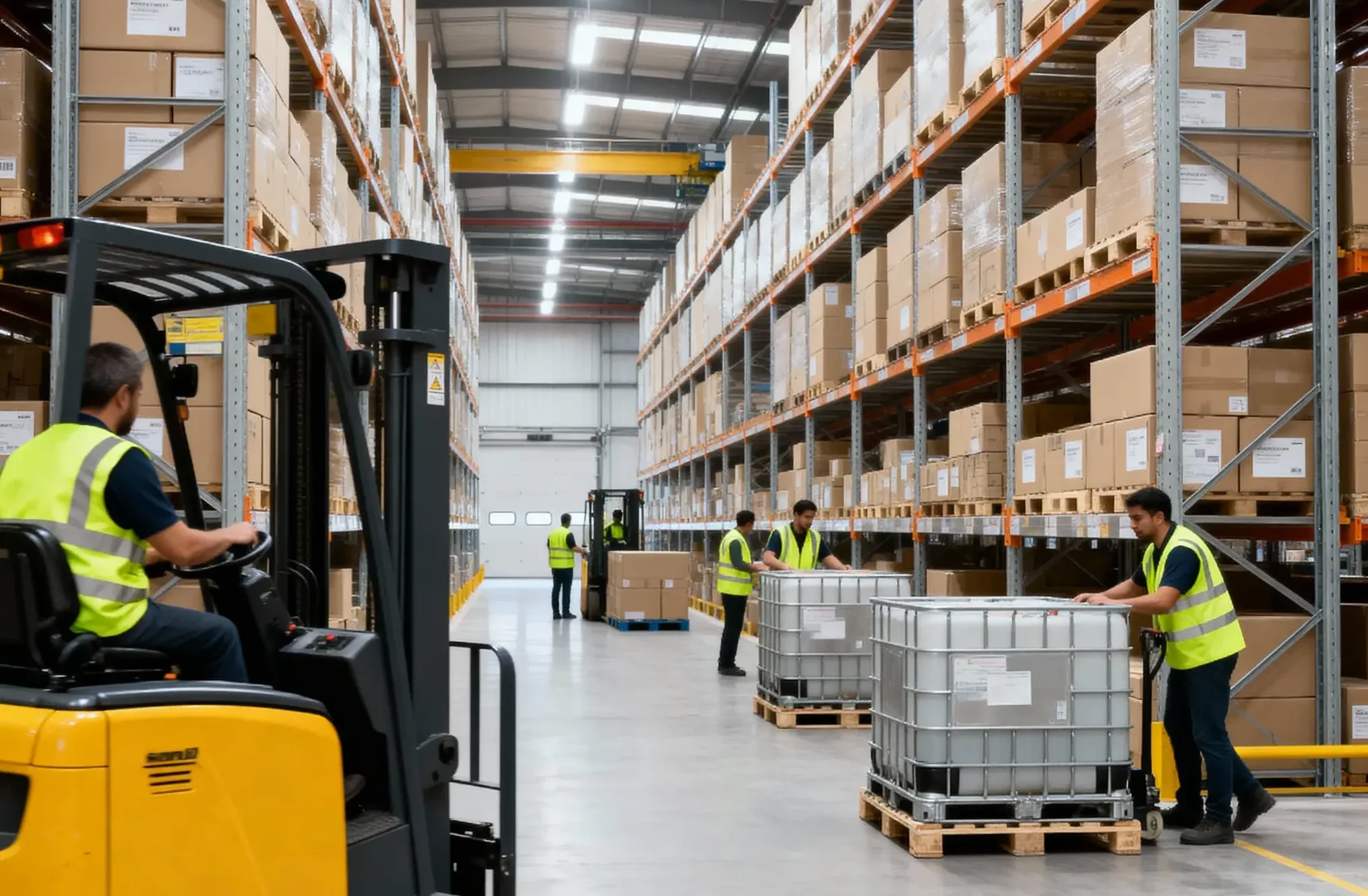 modern warehouse with workers in safety vests