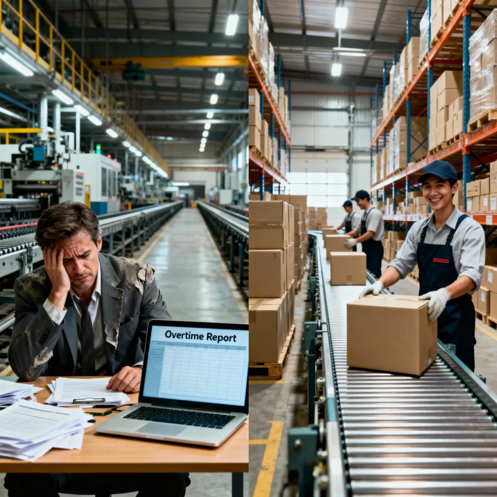 splitscreen image on the left stressed manager